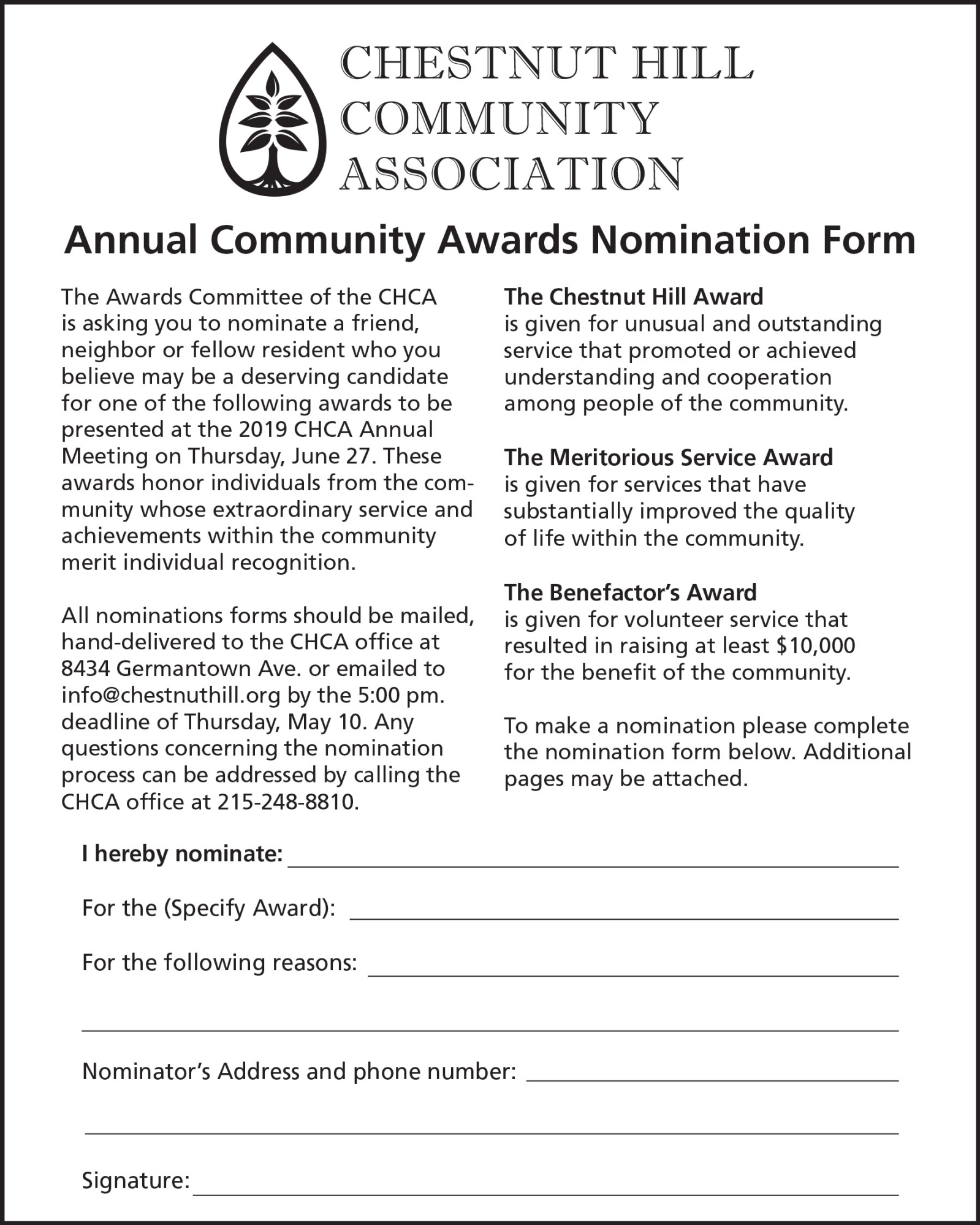 Chestnut Hill Award Nomination form